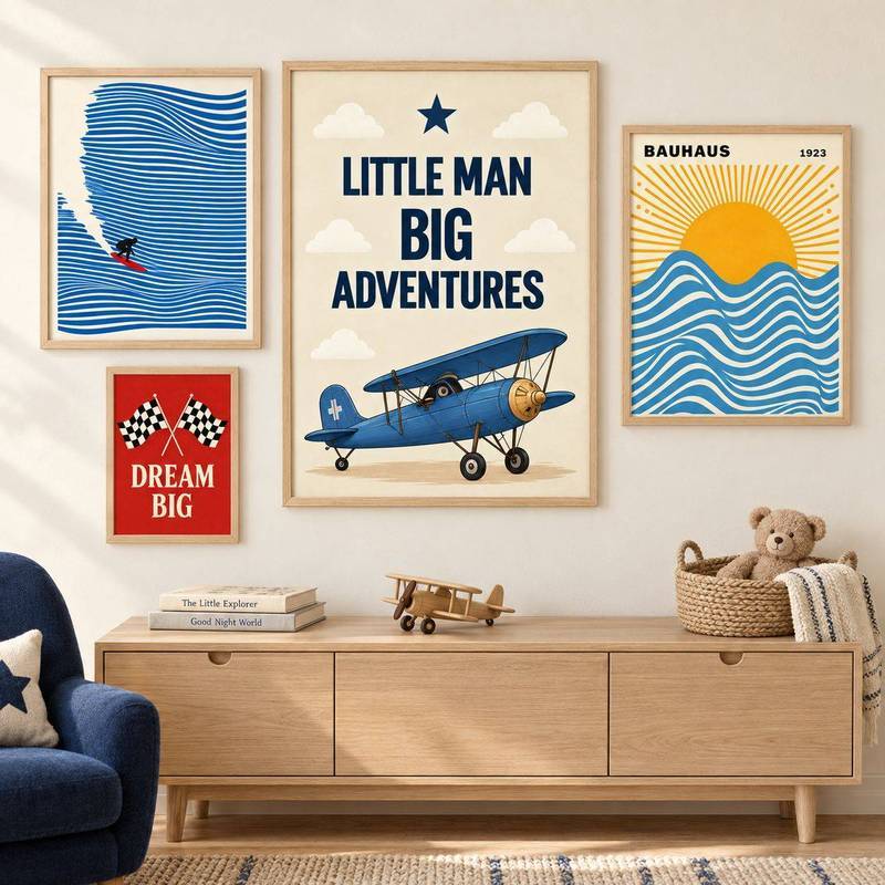 Airplane Racing Flags Ocean Waves Vintage Poster  No Frame Canvas Wall Art Painting Kids Boy Bedroom Decor