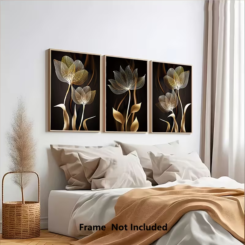 Kit 3 Quadros Flores Douradas Fundo Preto Luxo Tulipas Gold Premium Interiores Elegante Oferta