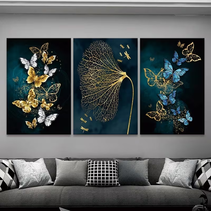 Kit 3 Quadros Borboletas Azul e Dourado Lux Modernos Butterflies Decoração de Interiores Premium