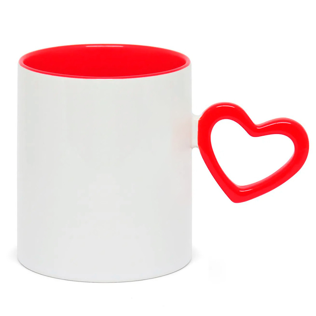 Caneca Branca com Alça Pingente em Formato de Coração Interior Vermelho 325ml Premium Sublimática Para Sublimação