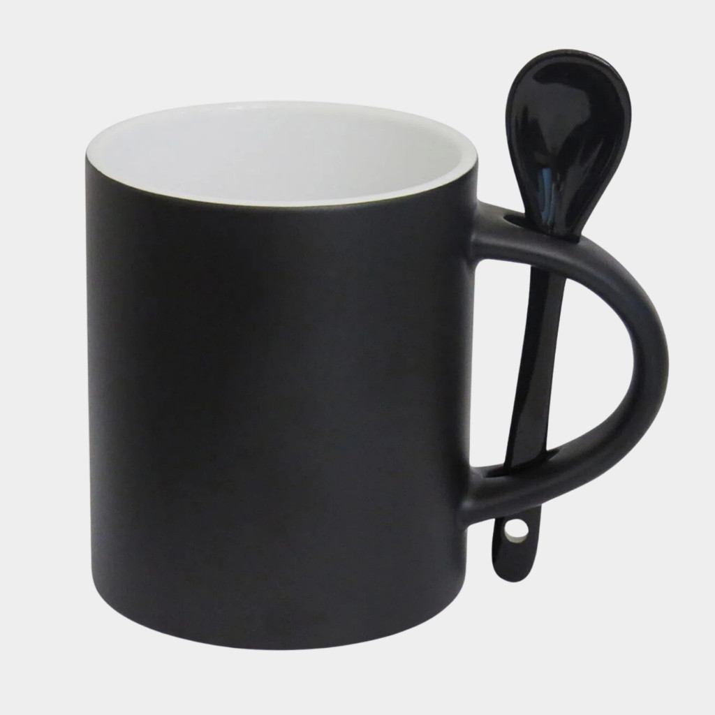 Caneca Mágica Fosca de Cerâmica com Colher Alça e Interior Branco 325ml Premium Sublimática Para Sublimação
