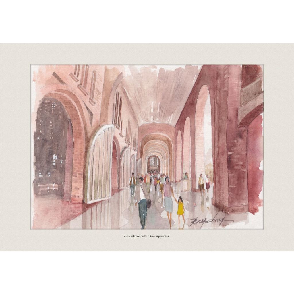 Pintura em Aquarela Vista interior da Basílica - Aparecida | Quadro Decorativo | A4