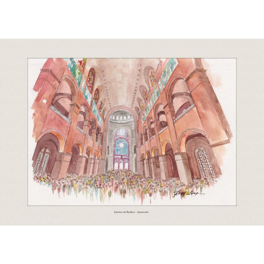 Pintura em Aquarela Interior da Basílica - Aparecida | Quadro Decorativo | Decoração Elegante | A4