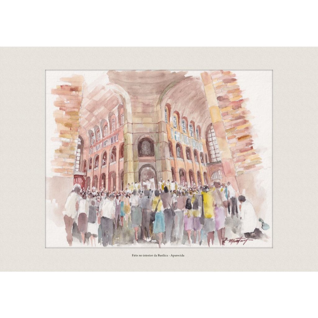 Pintura em Aquarela Fiéis no interior da Basílica - Aparecida | Quadro Decorativo | A4