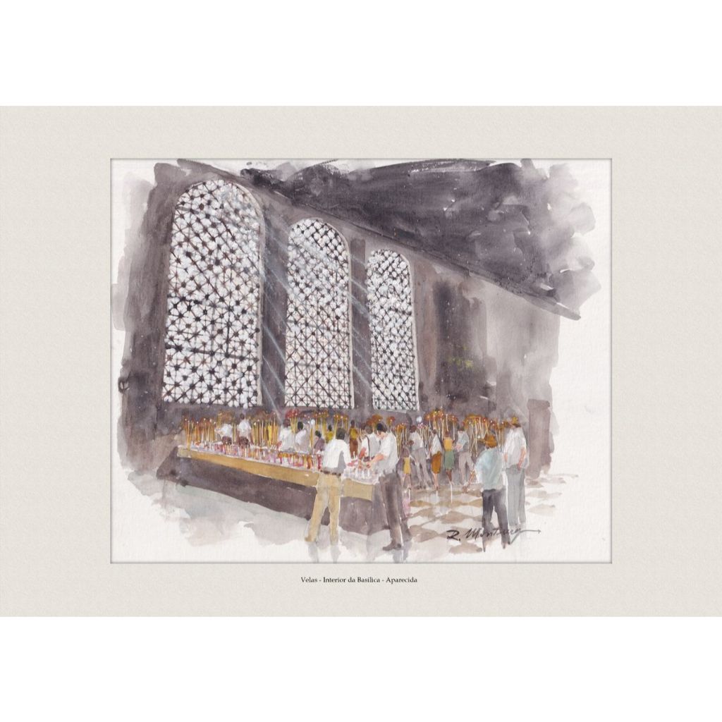 Pintura em Aquarela Velas - Interior da Basílica - Aparecida | Quadro Decorativo | A4