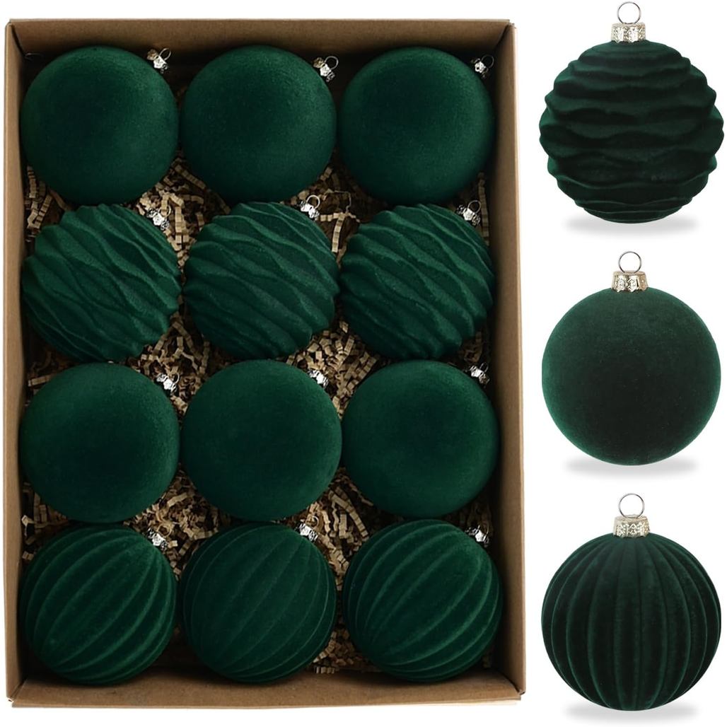 12Pcs Velvet Christmas Tree Ornaments 3.14 Inch Green Large Christmas Balls Xmas Hanging Ornaments for Wreath Garland Ta