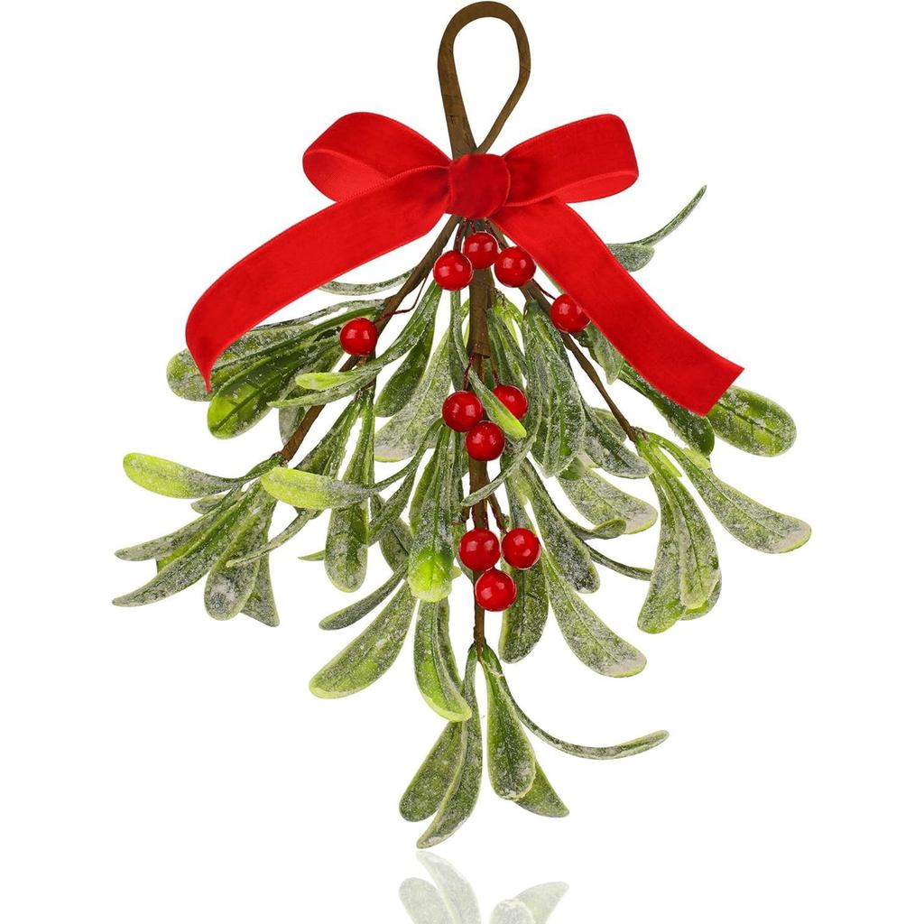 Mistletoe Christmas Decor, Artificial Hanging Mistletoe Picks with Velvet Bow Berries,Like Real Christmas Kissing Ball O