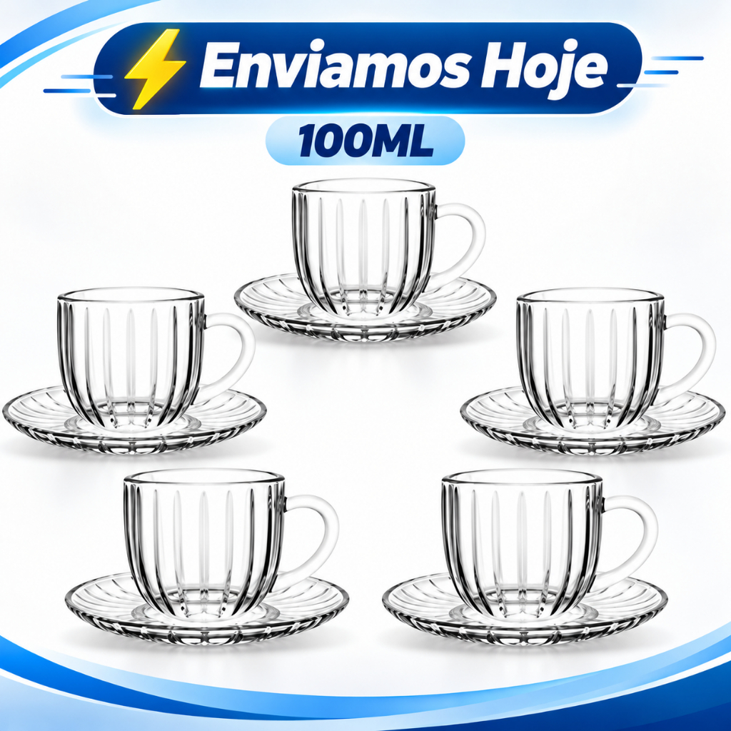 Jogo 6 Xícaras Rosewood 100ml com Pires Vidro Canelado Café Chá Espresso Cappuccino Mesa Posta Elegante Presente