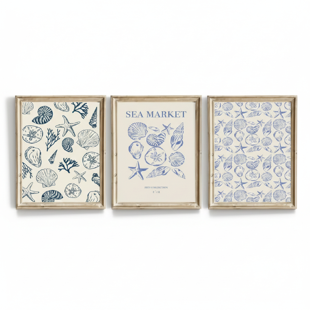 Quadros decorativos Azul retrô, figurativo, flores, concha, ondas, ondinha, estrela do mar (3 peças)