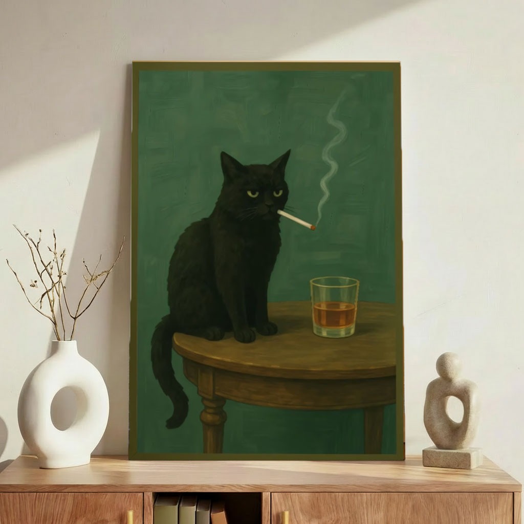 Quadro Decorativo Gato Preto Uísque Aesthetic Retro Sem Furar Parede