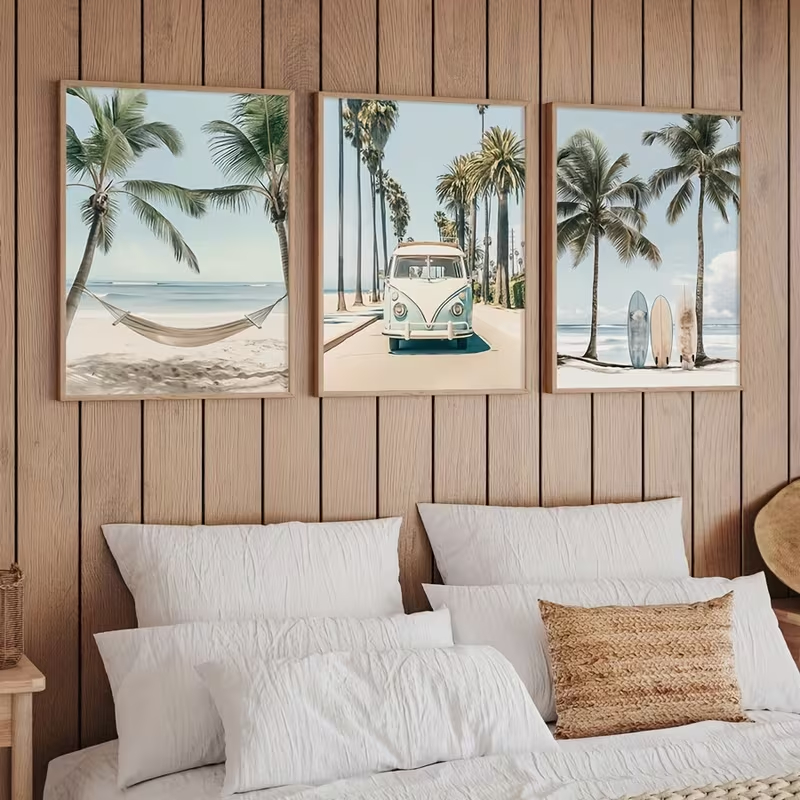 Kit 3 Quadros Decorativos Kombi Retrô e Praia Sem Furar Parede Surf Vintage Coqueiros Pronta Entrega