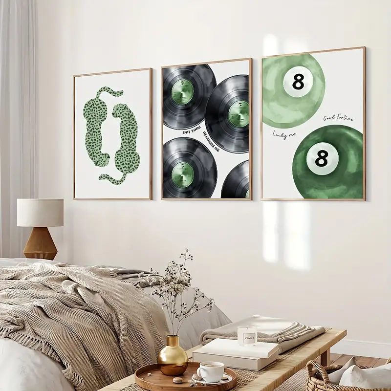 Kit 3 Quadros Onça Vinil Bola 8 Verde MDF Autocolante Decoração Quarto Geek Retrô Sinuca