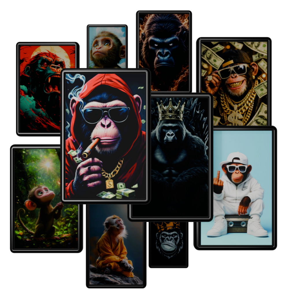 Kit de Quadros Monkeys Macacos Gorilas Cute Animais  Com moldura 30X20cm para decoração
