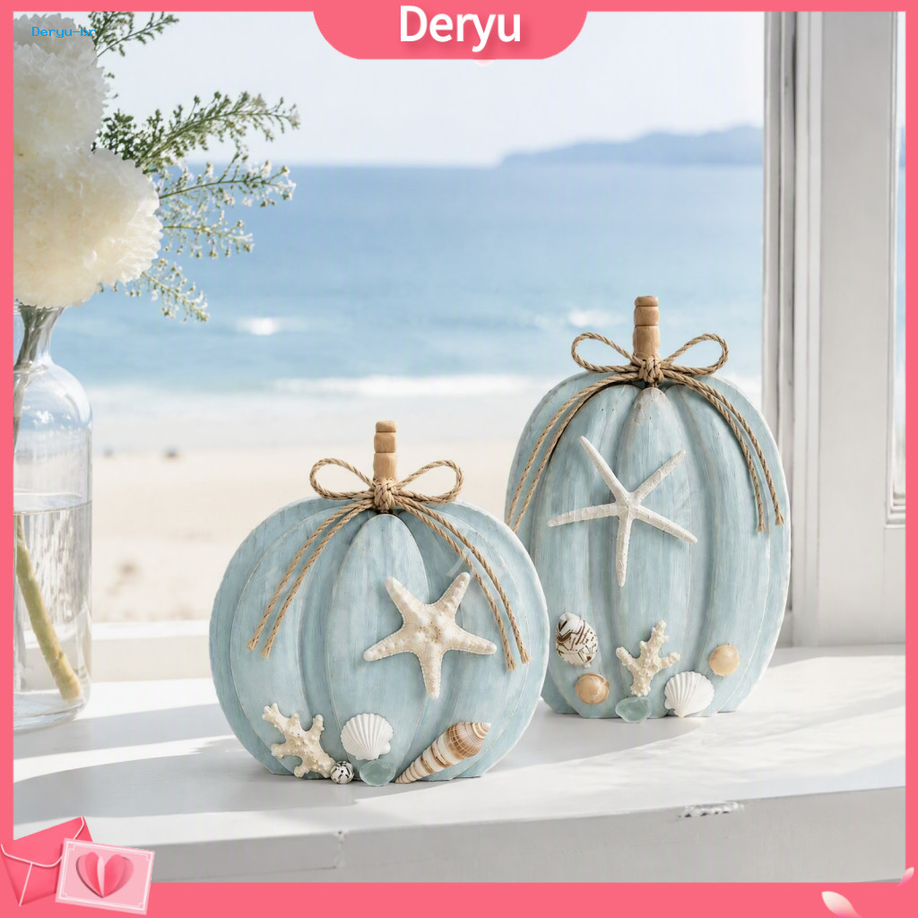 Coastal Pumpkin Decor Modern Autumn Tabletop Decorations 2pcs Wooden Ornaments with Starfish Shells 2d Flat Seaside for