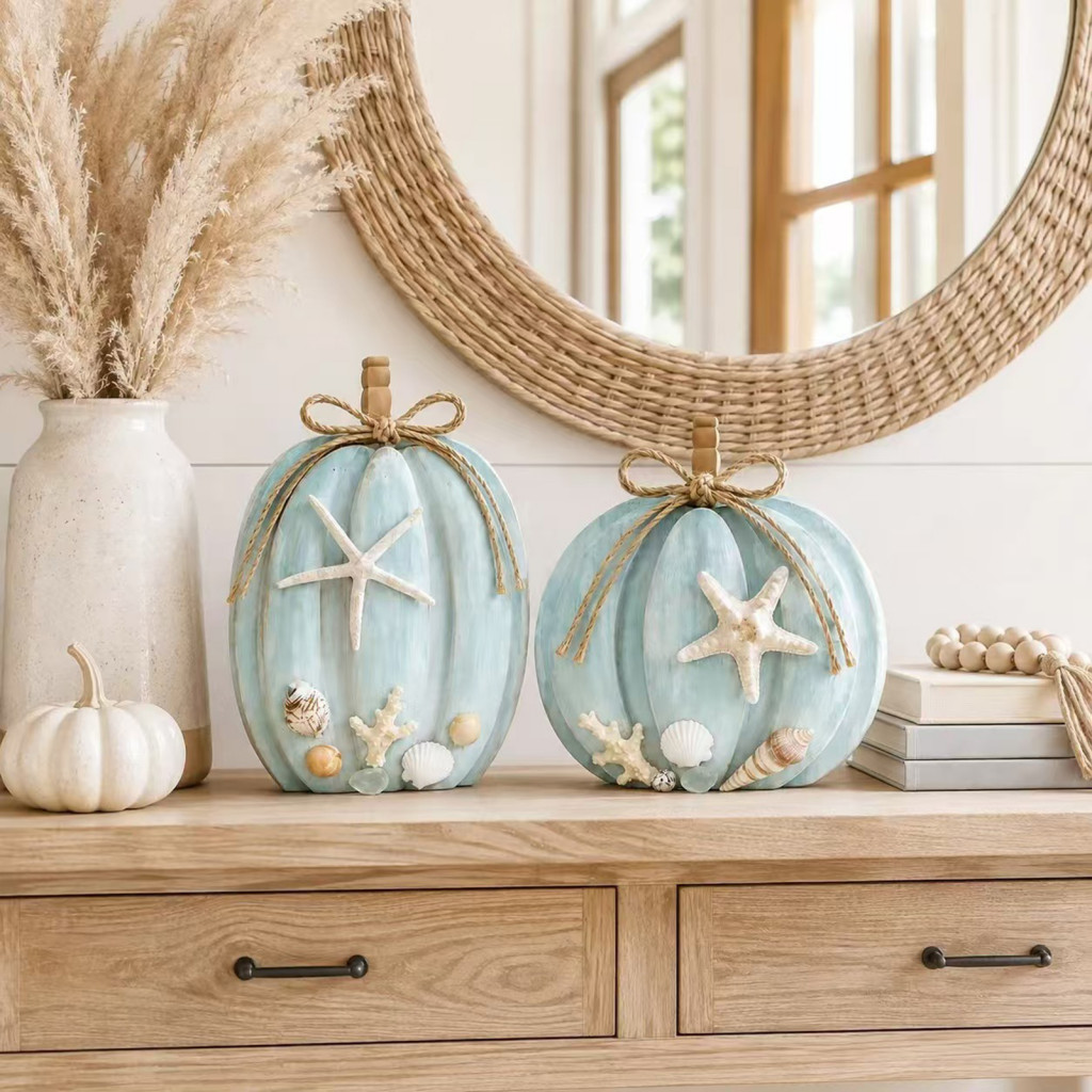 Healing Ocean Vibe Home Decor Coastal Pumpkin 2pcs Wooden Ornaments with Starfish Shells 2d Flat Autumn Seaside Tabletop