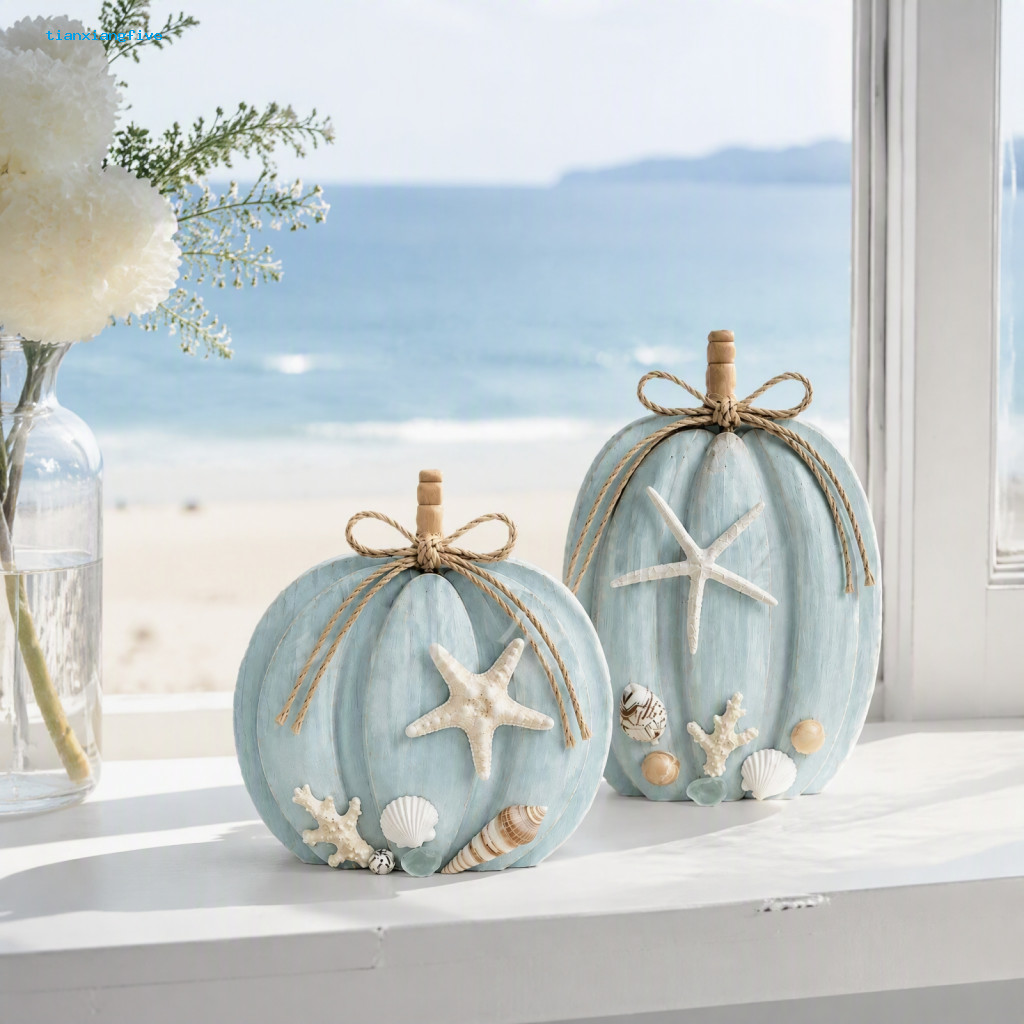 Coastal Pumpkin Decor Exquisite Fall Ornament Collection 2pcs Wooden Ornaments with Starfish Shells 2d Flat Autumn Seasi