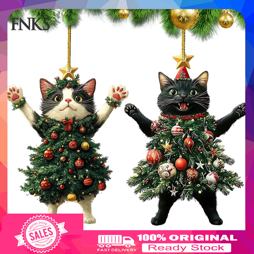 Cat Christmas Ornaments Tree Pendant 2pcs Acrylic Cute 2d Flat Kitty with Santa Hat Hanging Pendants Festive for Holiday