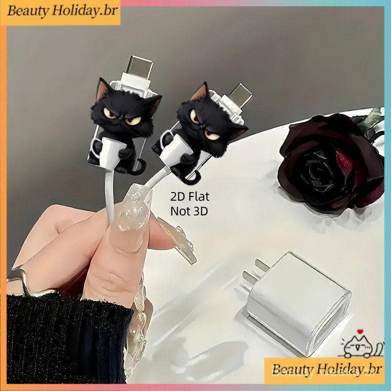 2D Flat 2pcs Brincalhão Angry Black Cat Protetor De Cabo De Plástico Anti-Quebra Capa De Proteção Carregador