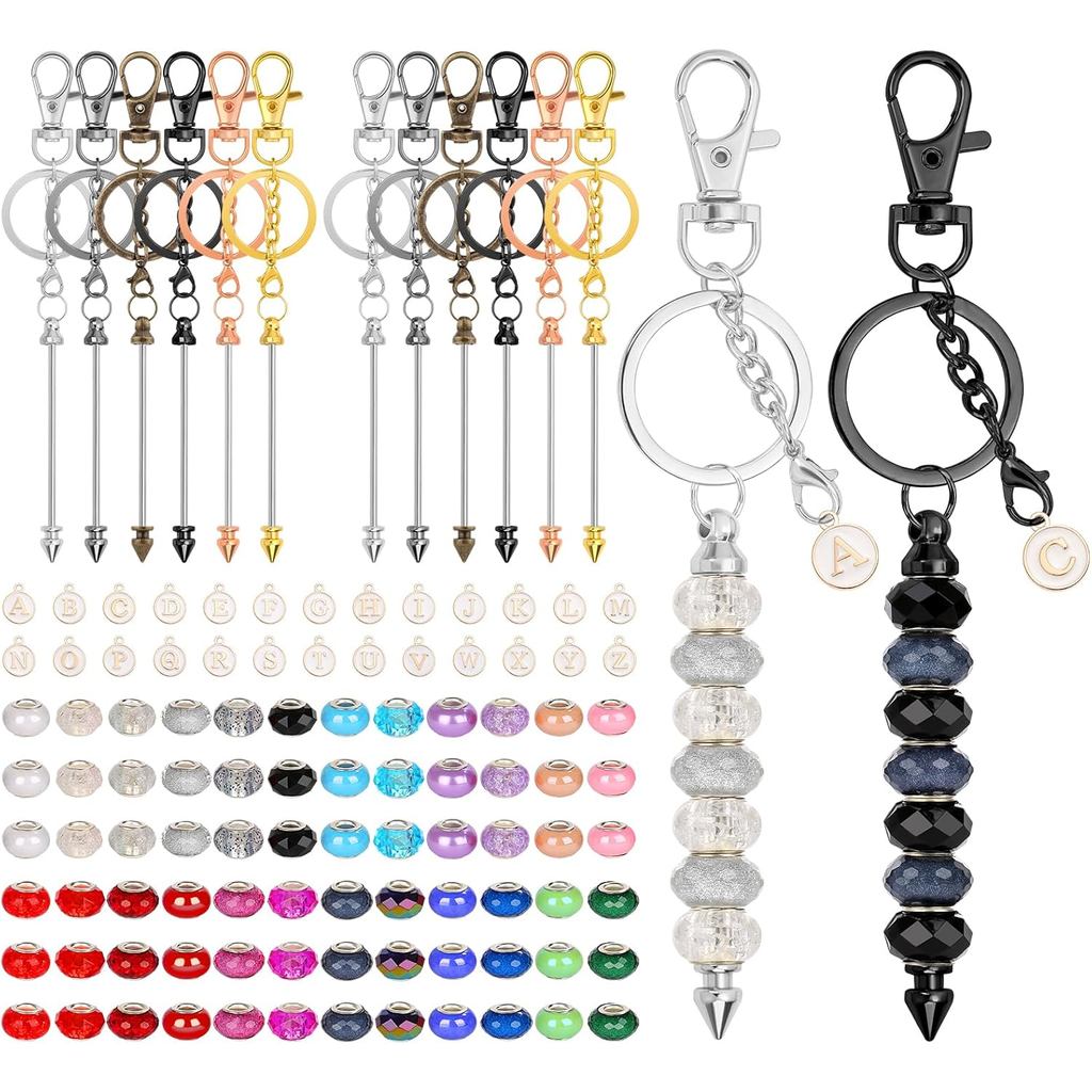 110Pcs Beadable Keychain Making Kit with 12 Bars, 72 Acrylic Beads & A-Z Charms – DIY Beaded Keychain Supplies for Craft