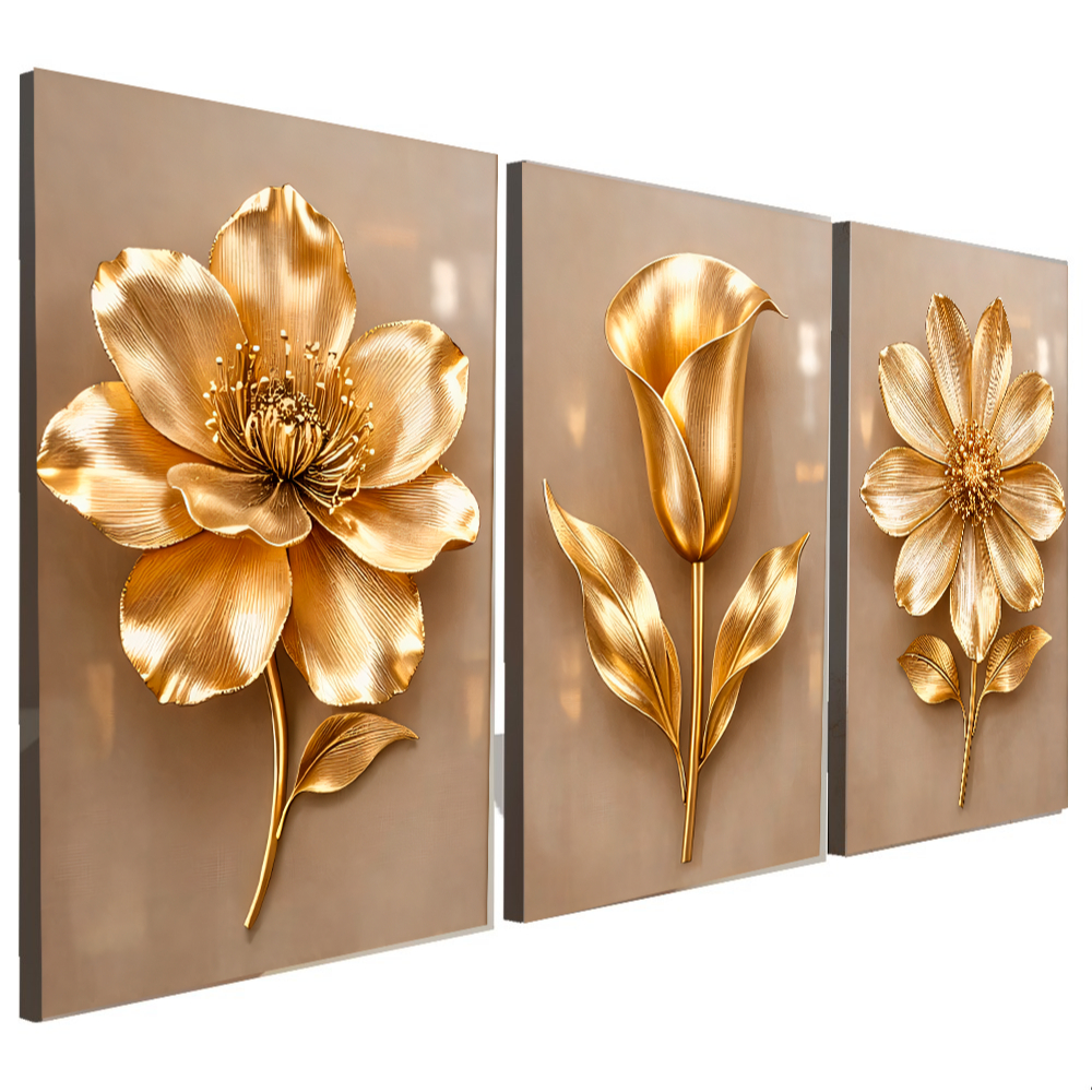 Quadros Decorativos 3 Peças Flor Flores Copo de Leite Dourada Cobre Cristal Casa Sala Quarto Decoração Hall