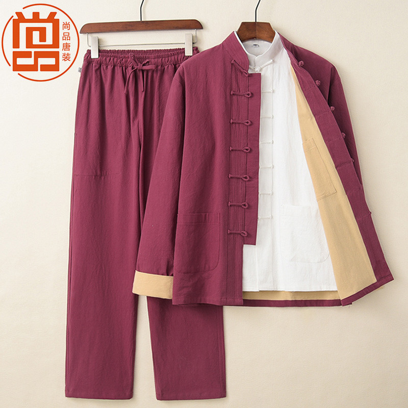 T Tang terno masculino Street Wear fivela estilo chinês Retro algodão linho jaqueta terno dupla camada de três peças Zen
