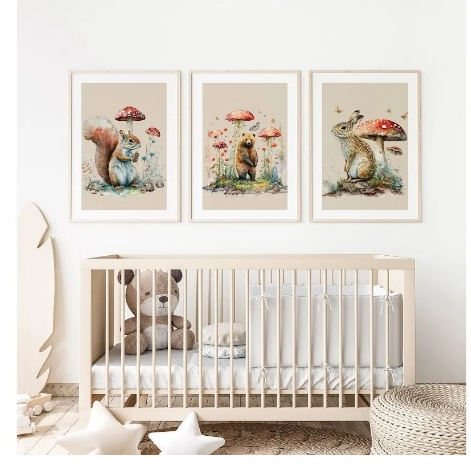 Quadros decorativos Floresta Animais Lona Pintura Set, Cartaz, Esquilo, Urso, Lebre, Cogumelo, Modern  (3 peças)