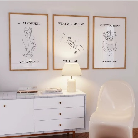Quadros decorativos Modern afirmação positiva espiritual, moderno, estética, linha b/w, arte (3 peças)