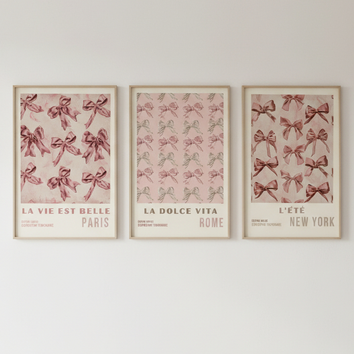 Quadros decorativos Coquette pink minimalista quarto feminino 3 peças (não acompanha moldura)
