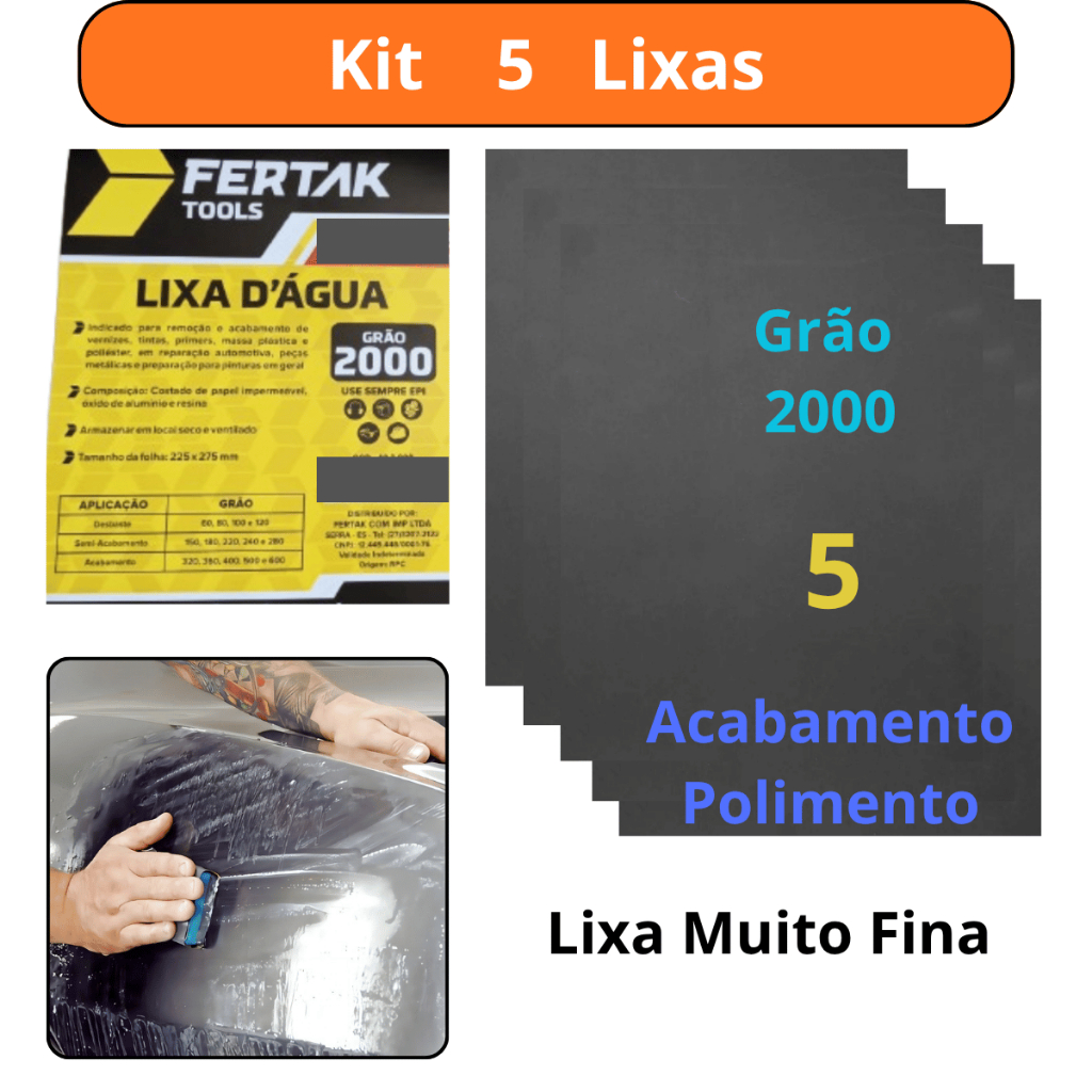 Kit 5 lixas 2000 d'agua Grão Folha Polimento Lixamento Acabamento Superfície Plástico Metal Jogo Gr