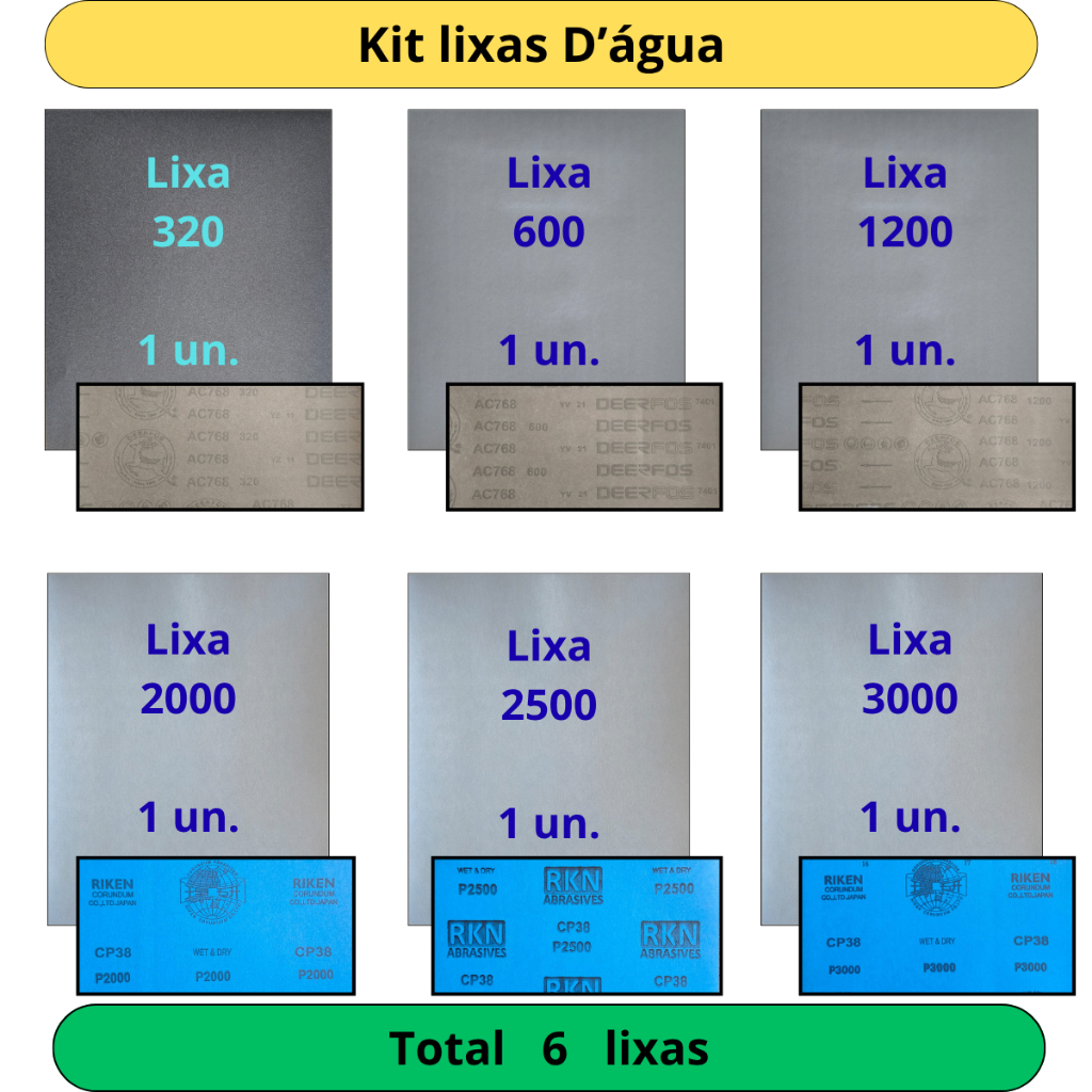 Kit Lixas 320 600 1200 2000 2500 3000 Kit 1 Cada Funilaria Polimento Pintura Farol Plásticos Fibras