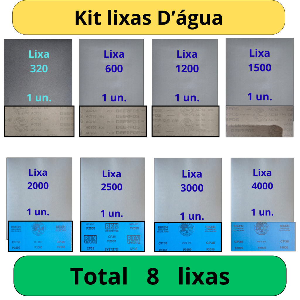 Lixa 320 600 1200 1500 2000 2500 3000 4000 Kit 1 Folha de Cada Grão Funilaria Pintura Plásticos Gr