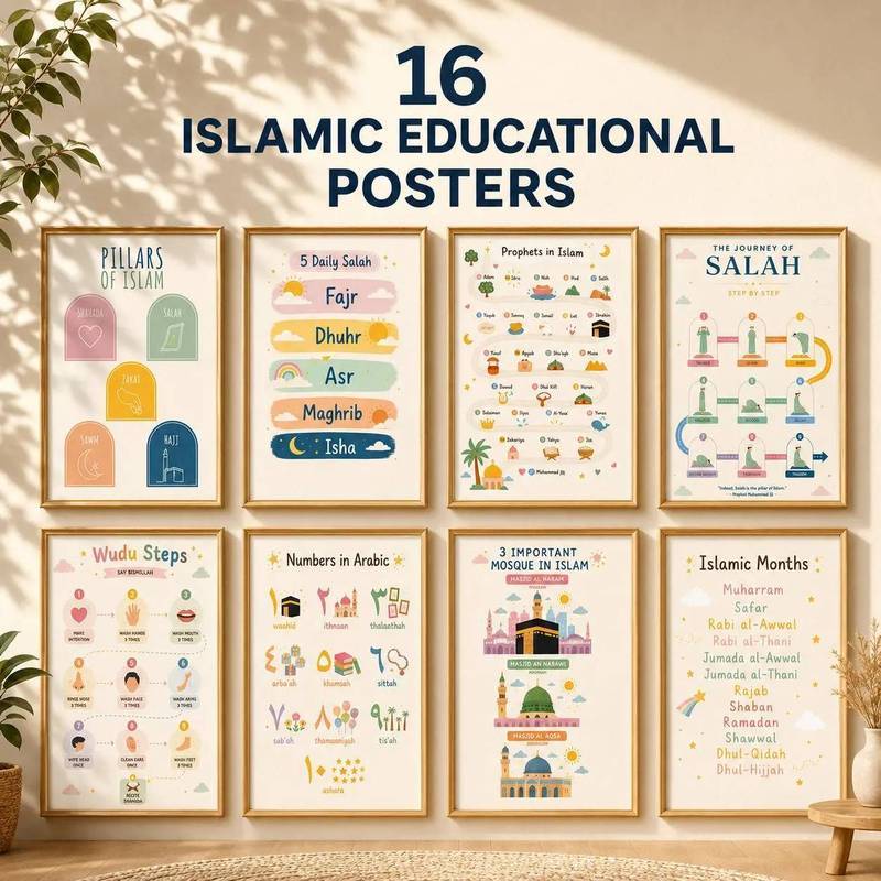 Kids Wudu Salah Five Pillars Islamic Educational Learning Poster No Frame Canvas Painting Children's Room Wall Decor