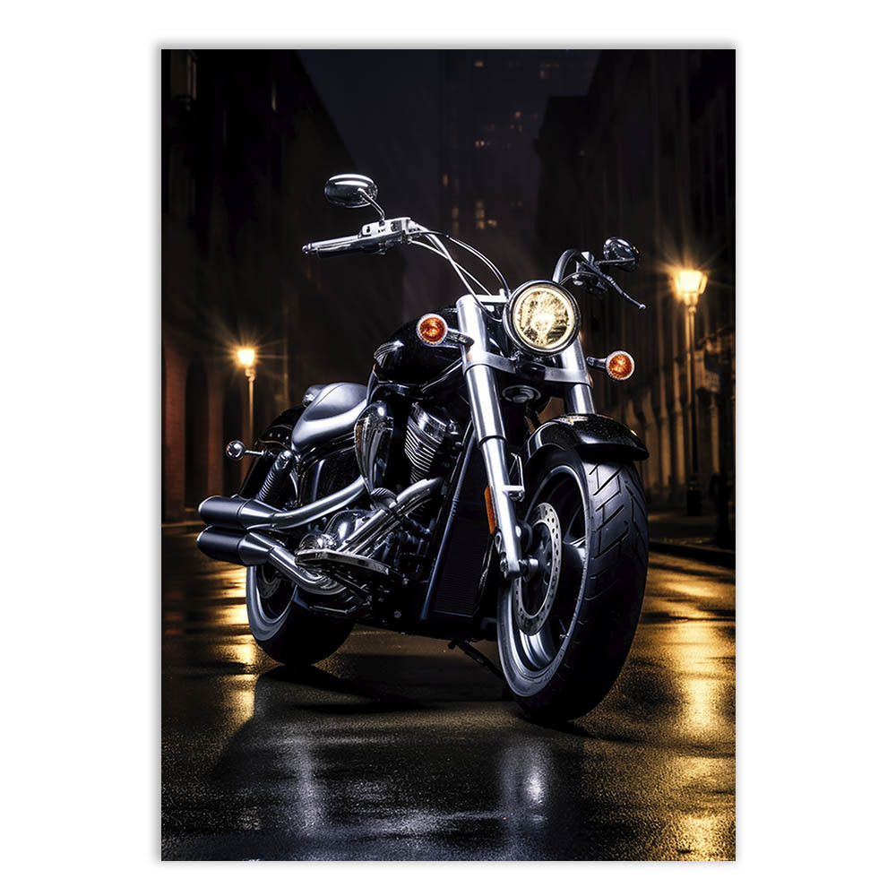 Placa Decorativa Moto Custom Cruiser Ilustração Noite Decoração Poster Quarto Sala
