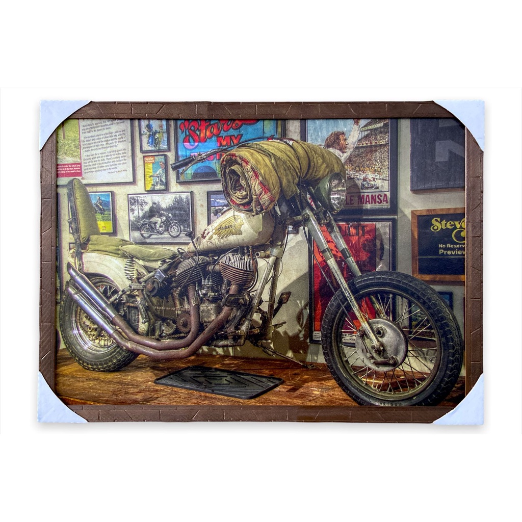 Quadro Decorativo Retrô Moto Custom Indian 50x70cm com Moldura de Madeira Para Oficina Mecânica Casa Quarto Sala