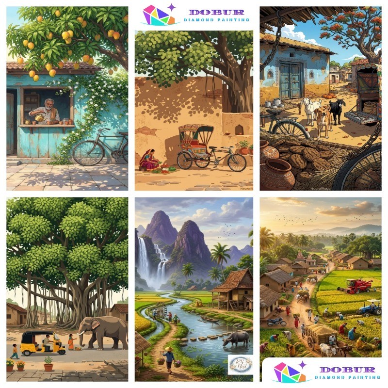DOBUR | Conjunto De Pintura Diamante Sul-Sudeste Asiático Folk-Custom Rural Scenery Series 5D DIY Rodada/Quadrado Full D