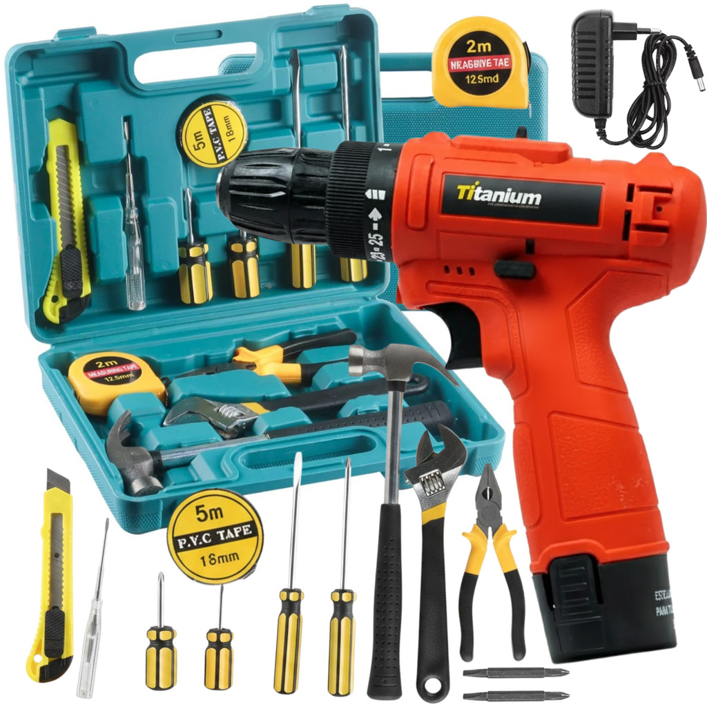 Maleta de Ferramentas Profissional Completo 13 pçs com Parafusadeira  Furadeira Titanium 12v