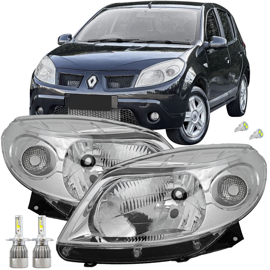 Par Farol Cromada Sandero 2007 2008 2009 2010 2011 + Lâmp LED 6000k