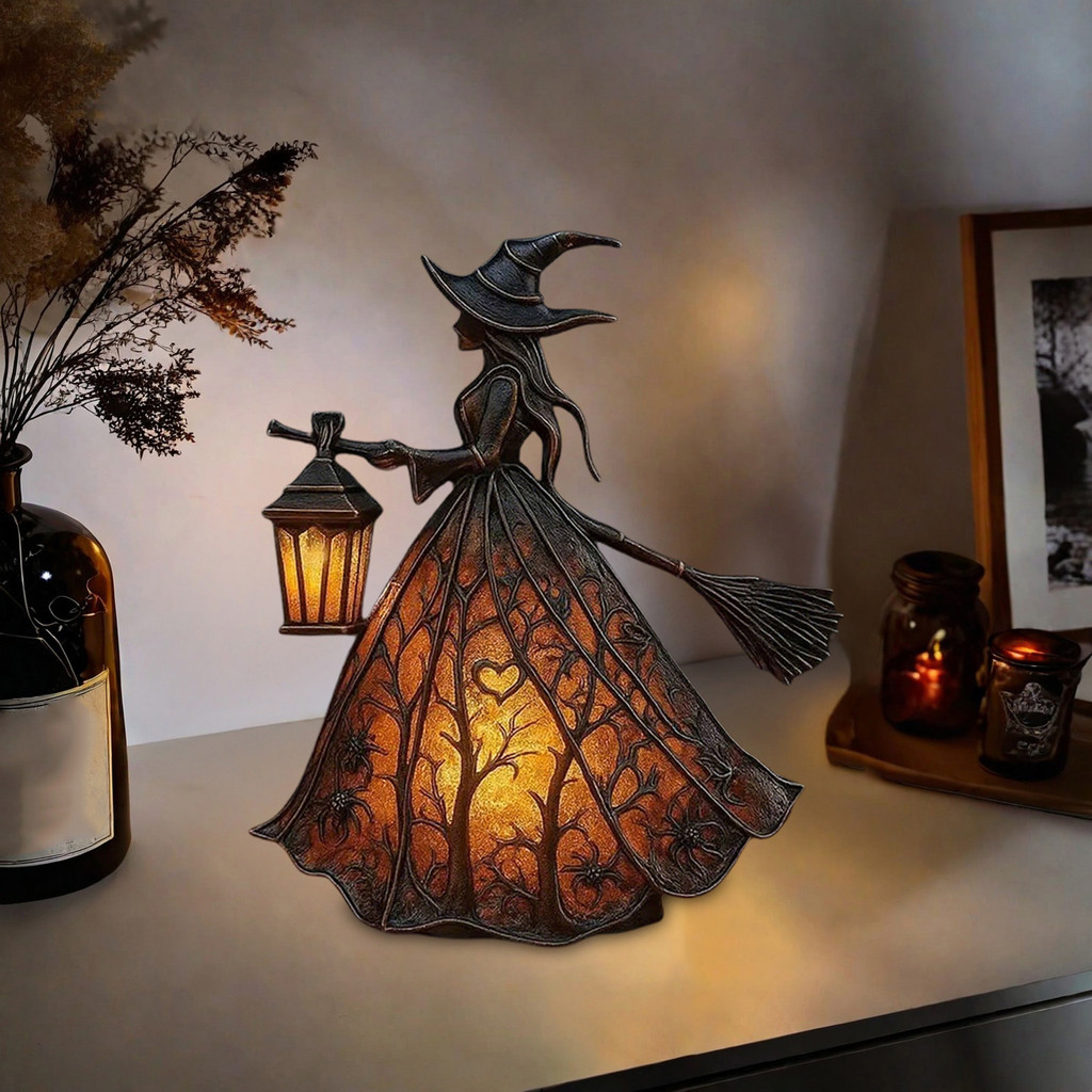 GR-Halloween Witch Lamp Handmade Gótico Pequeno Vitral Bruxa Estatueta Com Luz Quente Desktop Standing Night Light Para