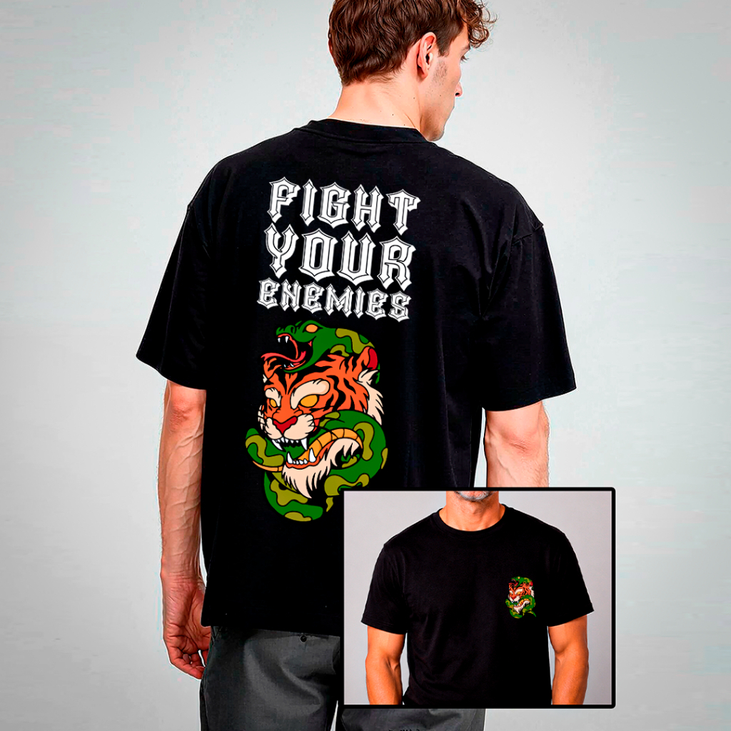 Camiseta FIGHT YOUR ENEMIES Vença Seus Inimigos Streetwear Algodão Unissex Tigre Cobra Old School