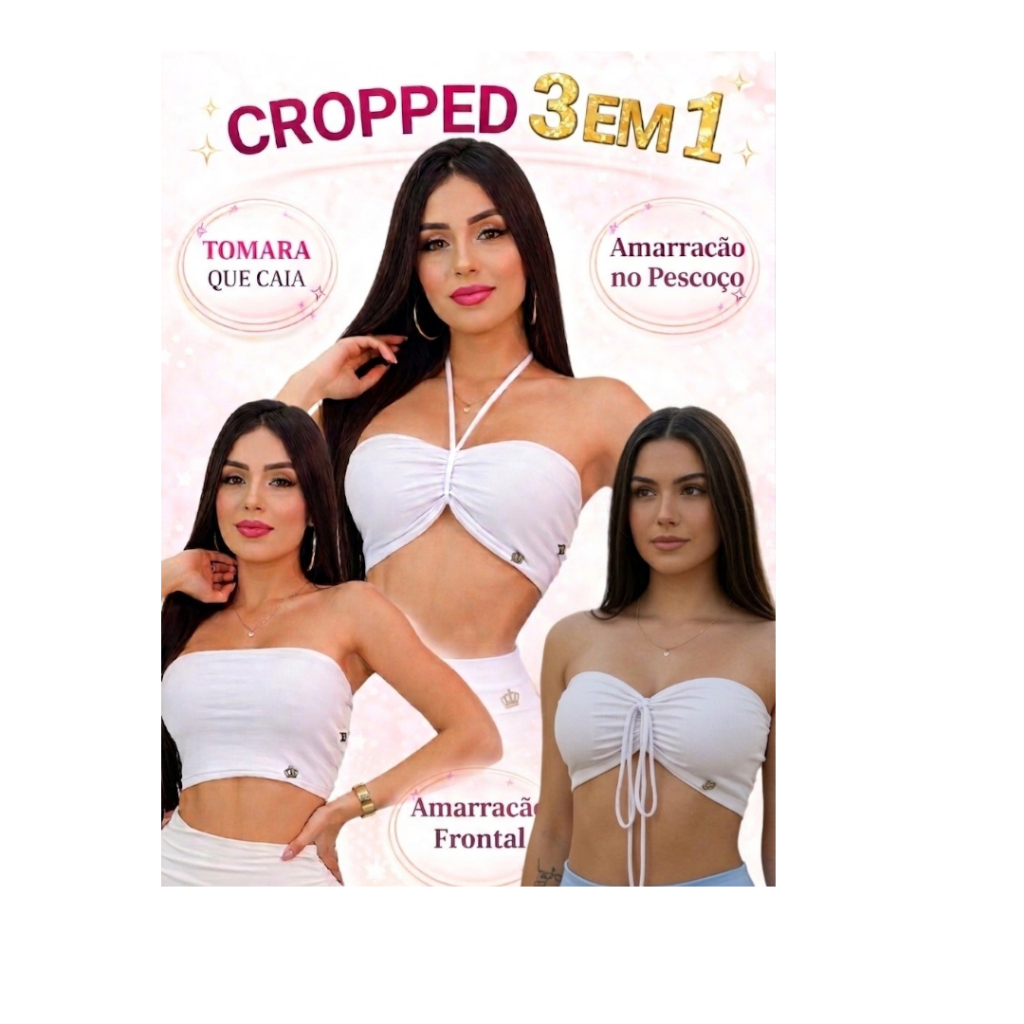 Cropped Feminino 3 em 1 Com Bojo Suplex Premium Luxo Pingente Coroa Blogueira Liso e Listrado Amarracão  2026