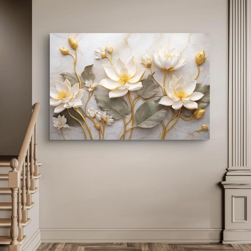 Quadro Decorativo 110x80 Flor de Lótus Branca Hall Luxo Casa Sala Quarto Decoração Grande Moderno