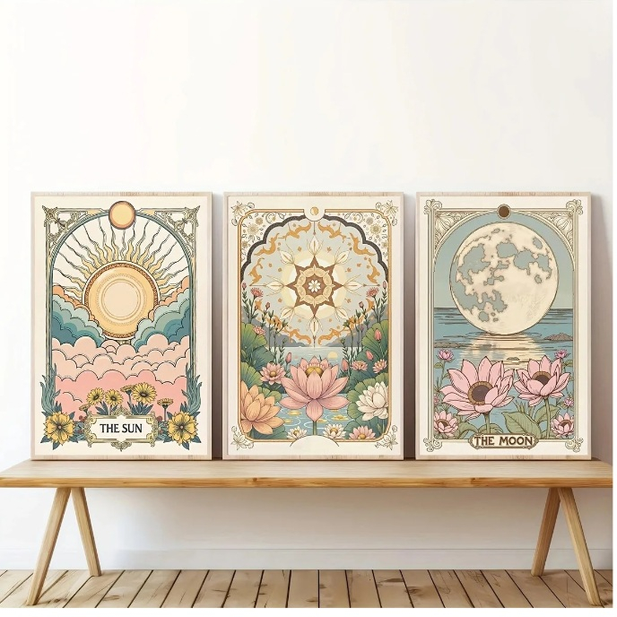 Quadros decorativos Sol lua e floral impressão em tela boêmio celestial tarô céu lótus arte (3 peças)