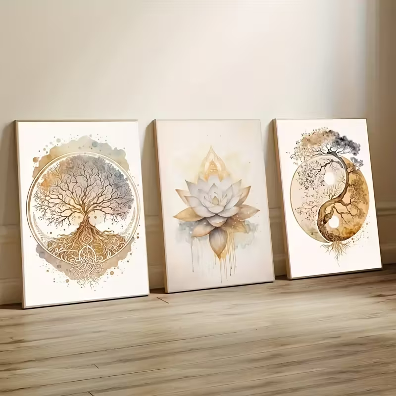 Conjunto 3 Quadros Místicos Aquarela Dourada Yoga Meditação Decoração Oferta Vida Lótus Yin Yang
