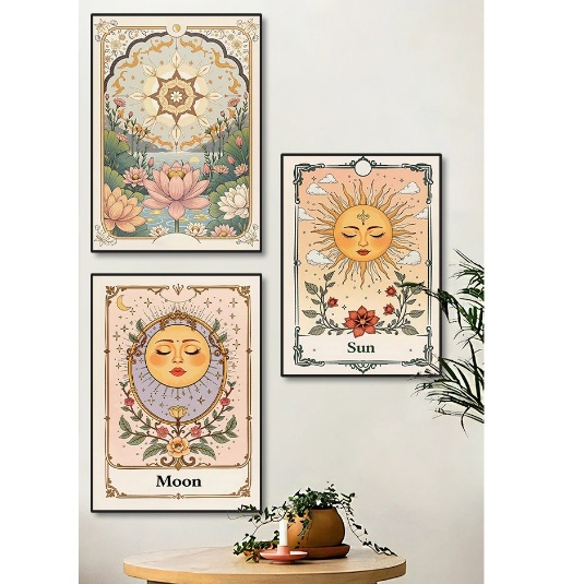 Quadros decorativos Sol lua e floral impressão em tela boêmio celestial tarô céu lótus arte (3 peças)