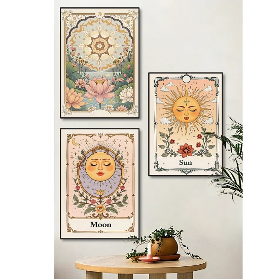 Quadros decorativos Sol lua e floral impressão em tela boêmio celestial tarô céu lótus arte (3 peças)