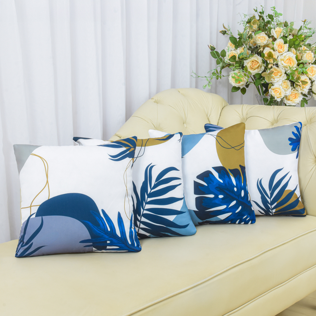 Kit c/ 4 Capas de Almofada Decorativas Modern Print 45x45 - Folhas Azul C/ Dourado