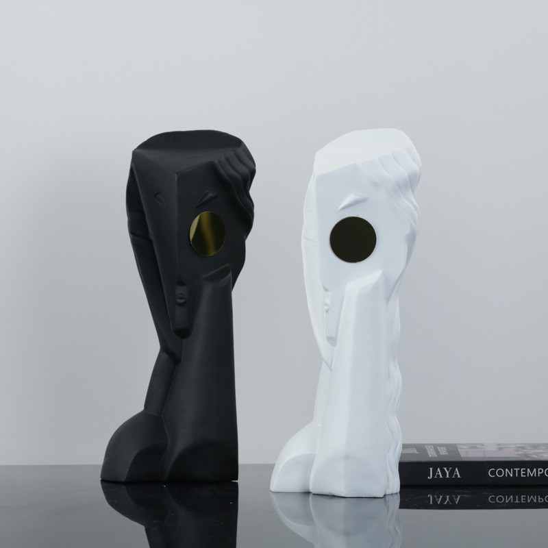 Modern minimalist resin art figure ornaments in white, black, blue, and gold eyes for hotel and sales office soft decora