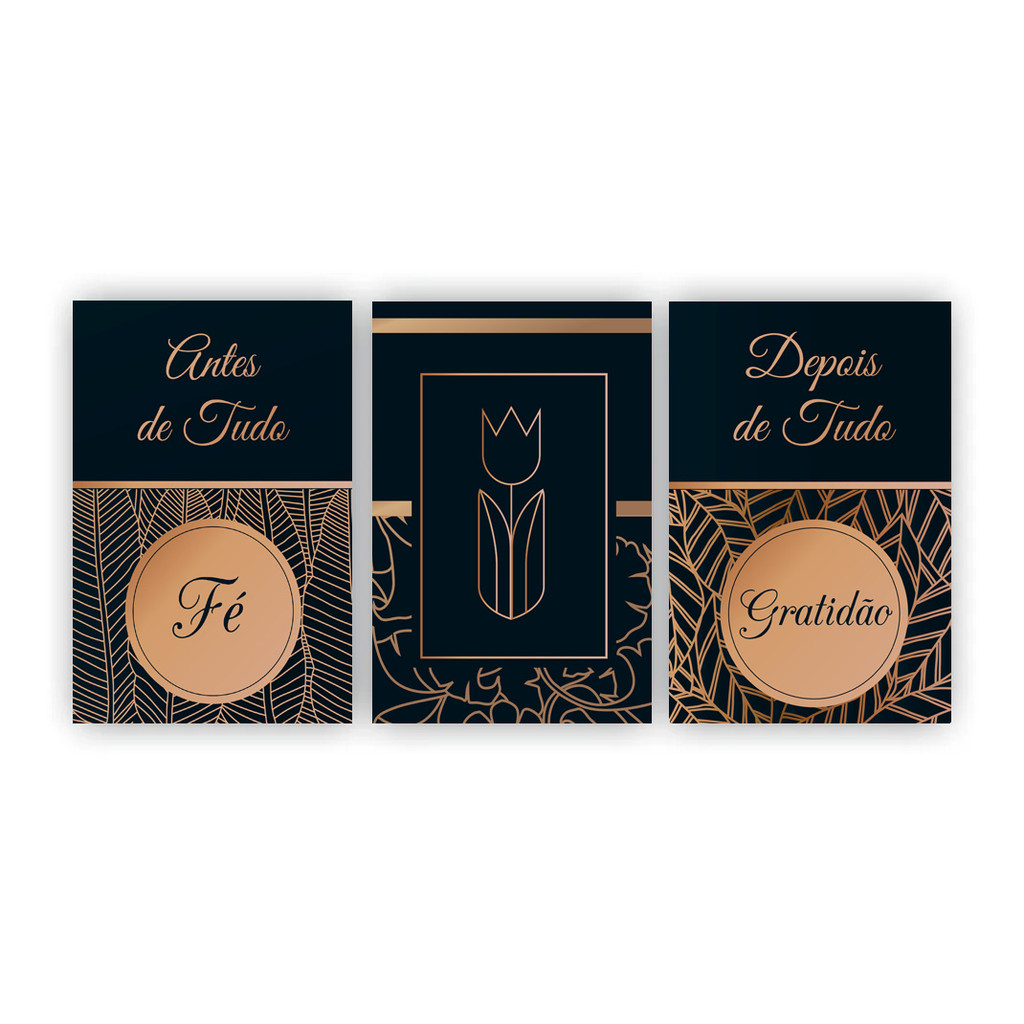 Kit 3 quadros gratidão fé gold dourado modern 20x29 placa