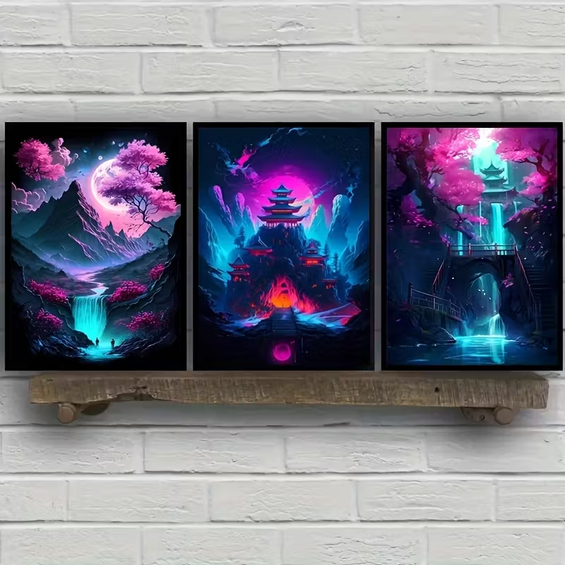 Kit 3 Quadros Templo Japonês Neon Cyberpunk Gamer Quarto Sala Cachoeira e Cerejeira Neon Synthwave