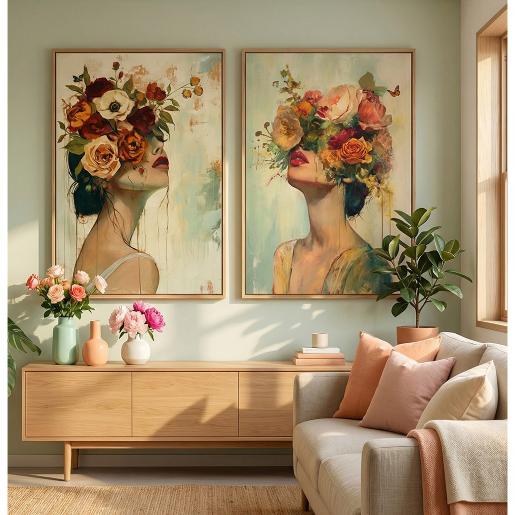Quadro Feminino Para Quarto Kit 2 Quadros Decorativos Quadro De Flores Para Sala Damas Tons Vintage